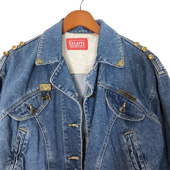 Vintage Jackets & Blazers - Vintage BUM EQUIPMENT Gold Brooch Cropped Denim Jacket